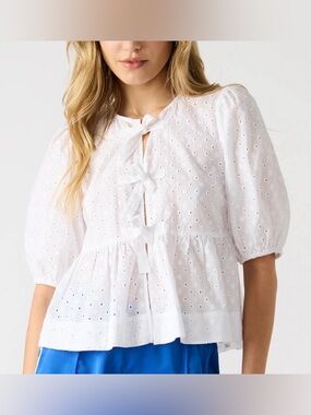 Steve Madden White Eyelet Tie-Front Peplum Blouse